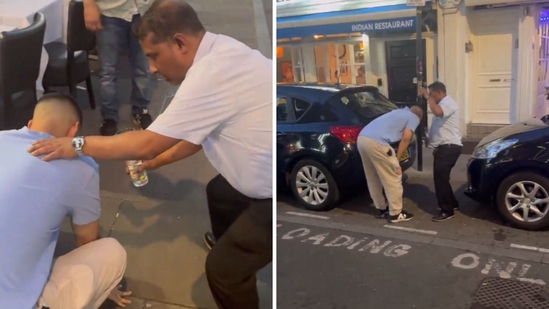 The owner of an Indian restaurant in London comforts a man who took the eatery’s “hottest curry” challenge. (X/@Bengal_Village)