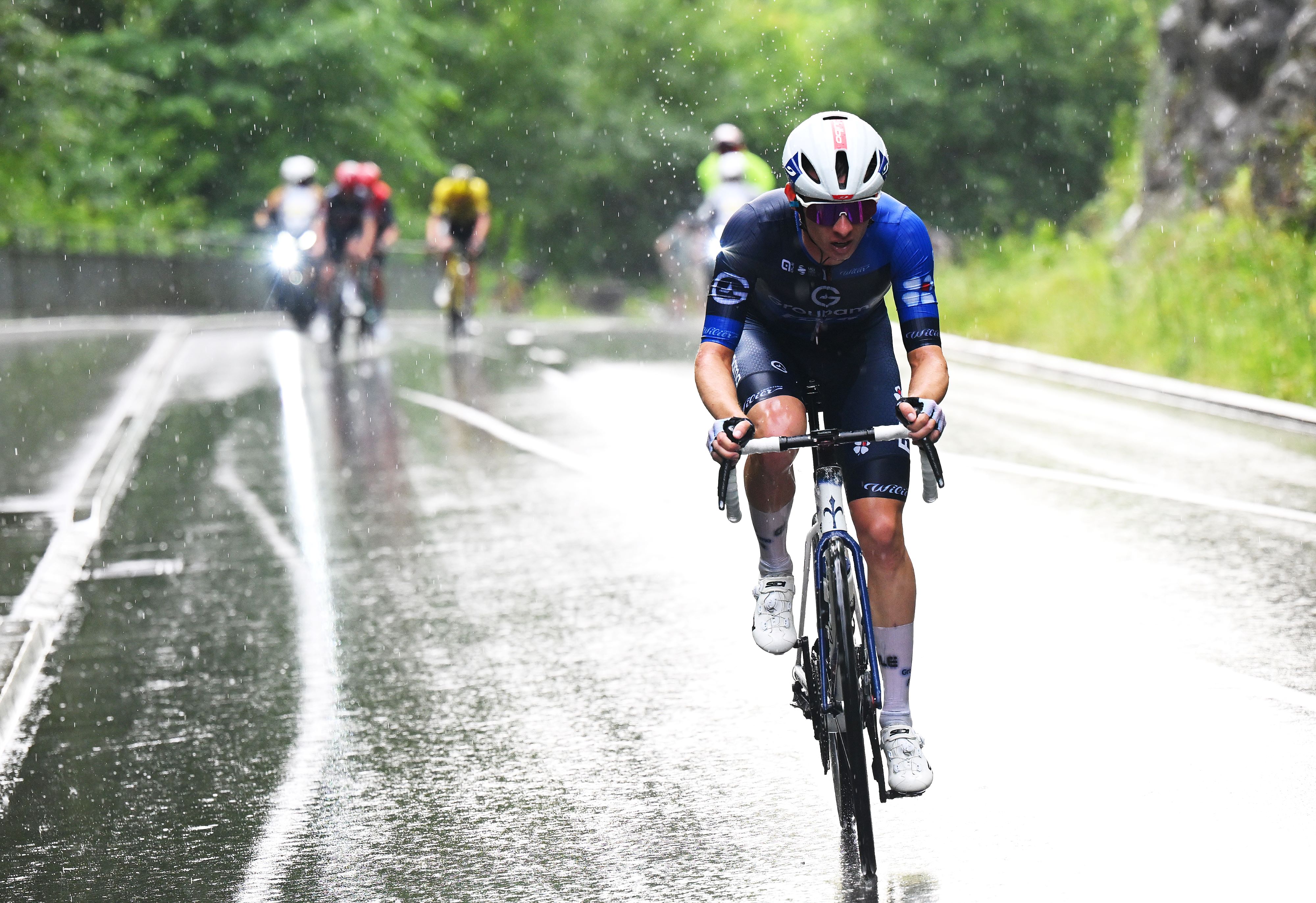 Romain Gregoire riding to victory on stage one of the Tour de Suisse 2025