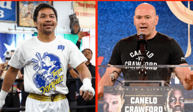 Manny Pacquiao at an open workout (left) and Dana White at the Canelo Alvarez vs Terence Crawford press conference (right)