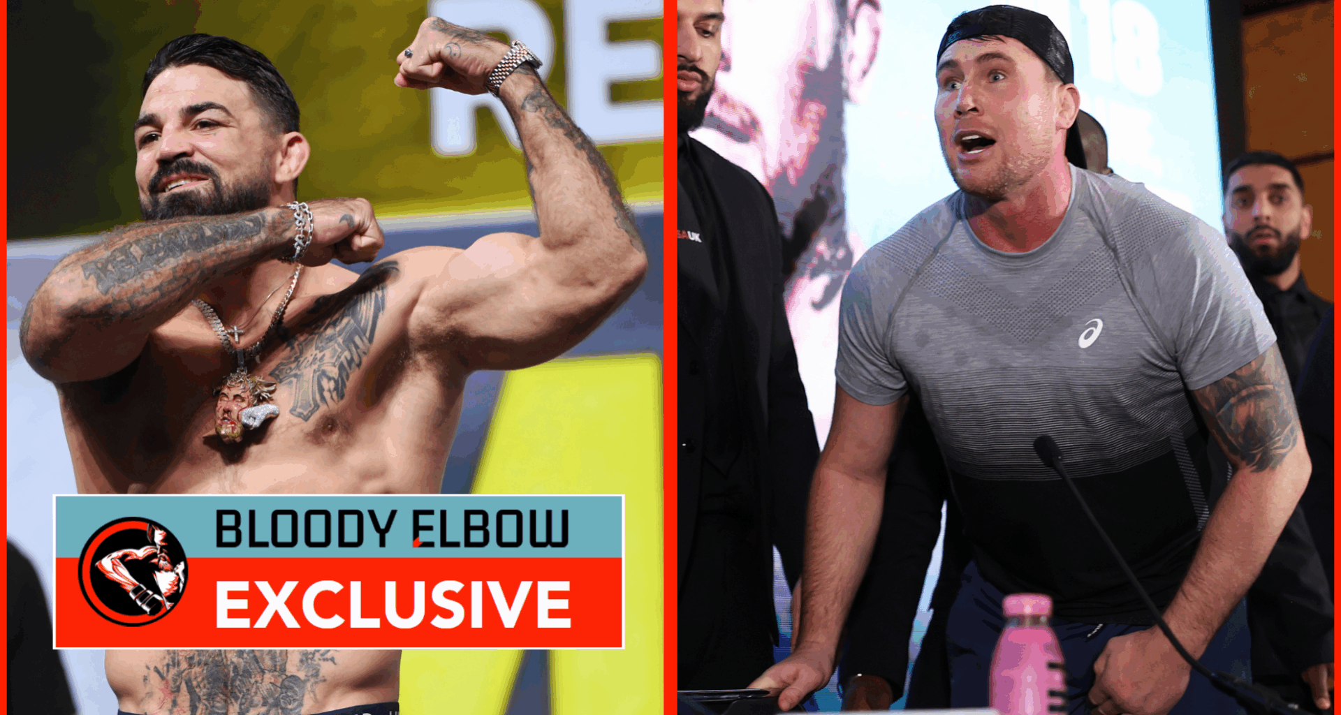 Left photo shows Mike Perry flexing and making a slit throat gesture. Right photo shows Darren Till enraged at a press conference