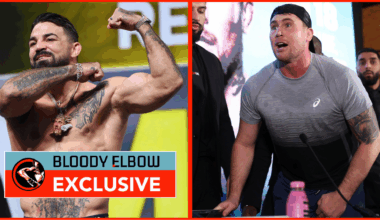 Left photo shows Mike Perry flexing and making a slit throat gesture. Right photo shows Darren Till enraged at a press conference