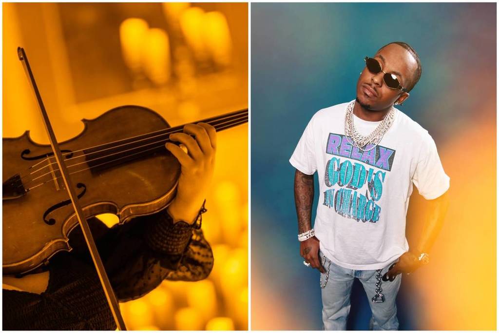 A collage of a violinist performing at a Candlelight concert and on the right side, a photo of Rich The Kid