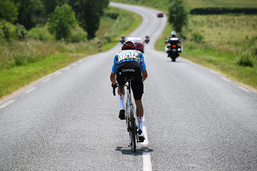 2025 Critérium du Dauphiné stage 2: lone breakaway Paul Ourselin in the first hour of racing