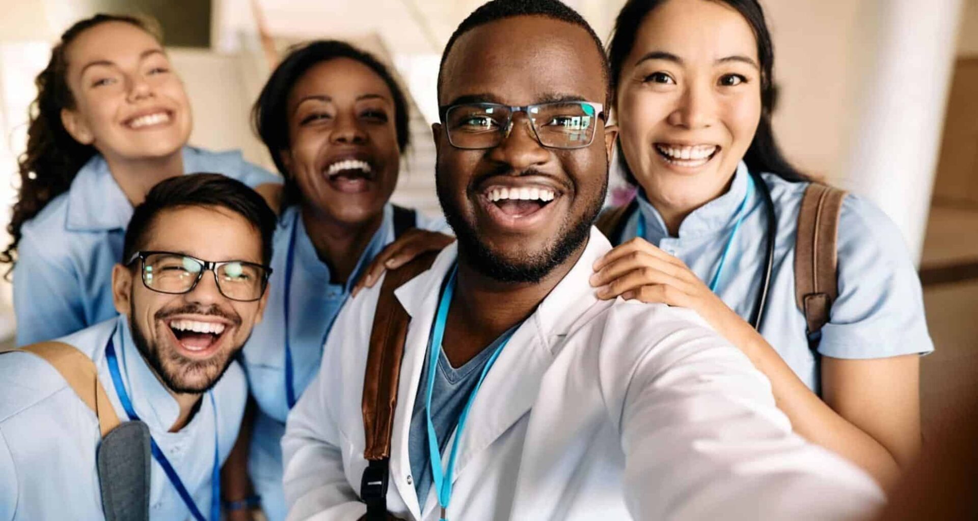 Multi Ethnic Group Of Happy Students Taking A Selfie At The University Of Medicine
