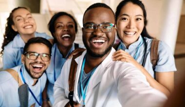 Multi Ethnic Group Of Happy Students Taking A Selfie At The University Of Medicine