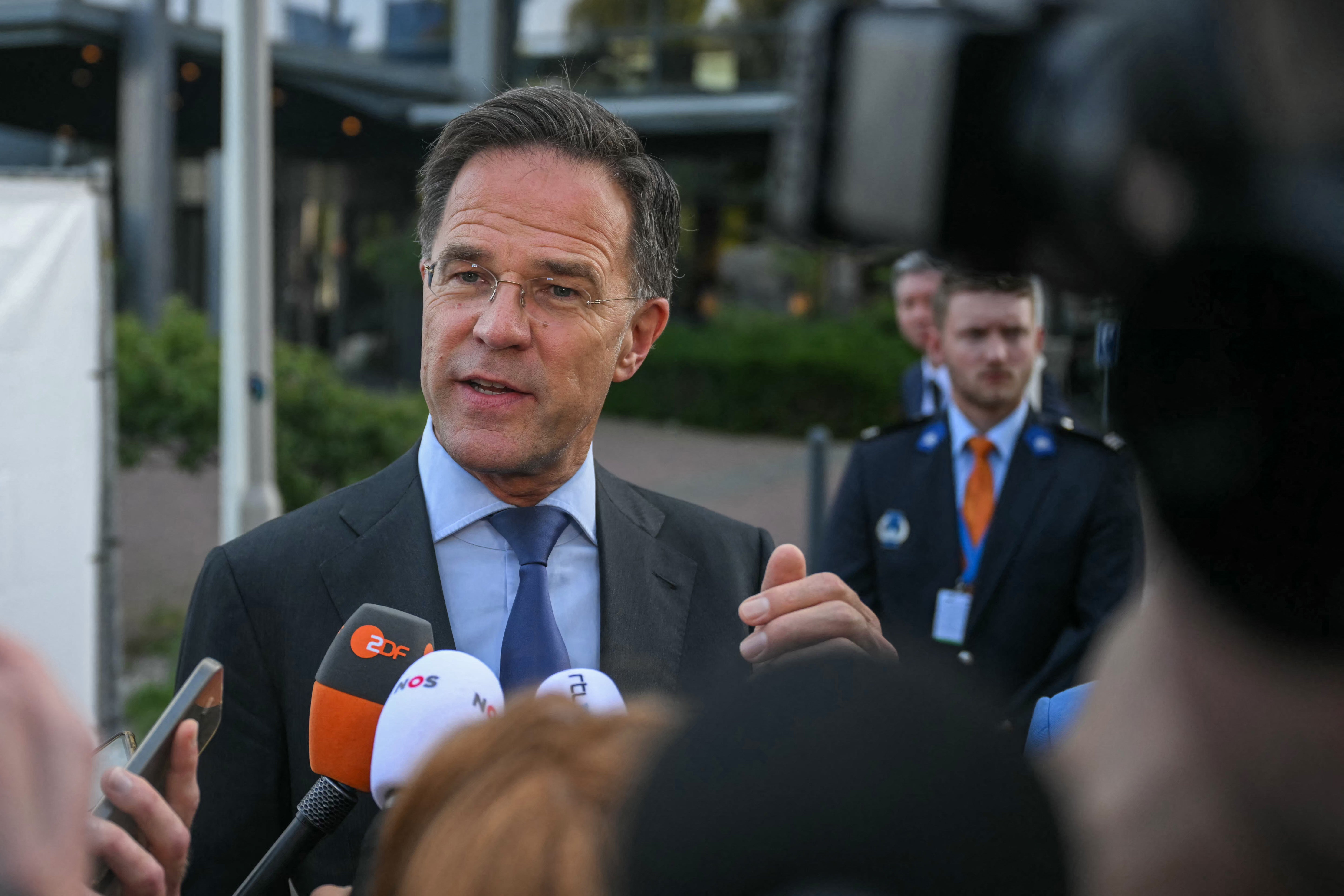 Nato secretary general Mark Rutte addresses the press on the sidelines of the two-day Nato’s Heads of State and Government summit in The Hague