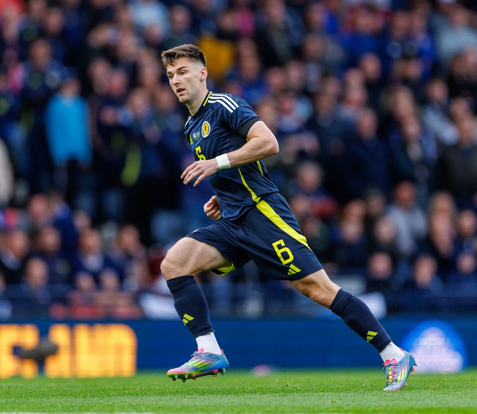 Kieran Tierney playing soccer for Scotland.