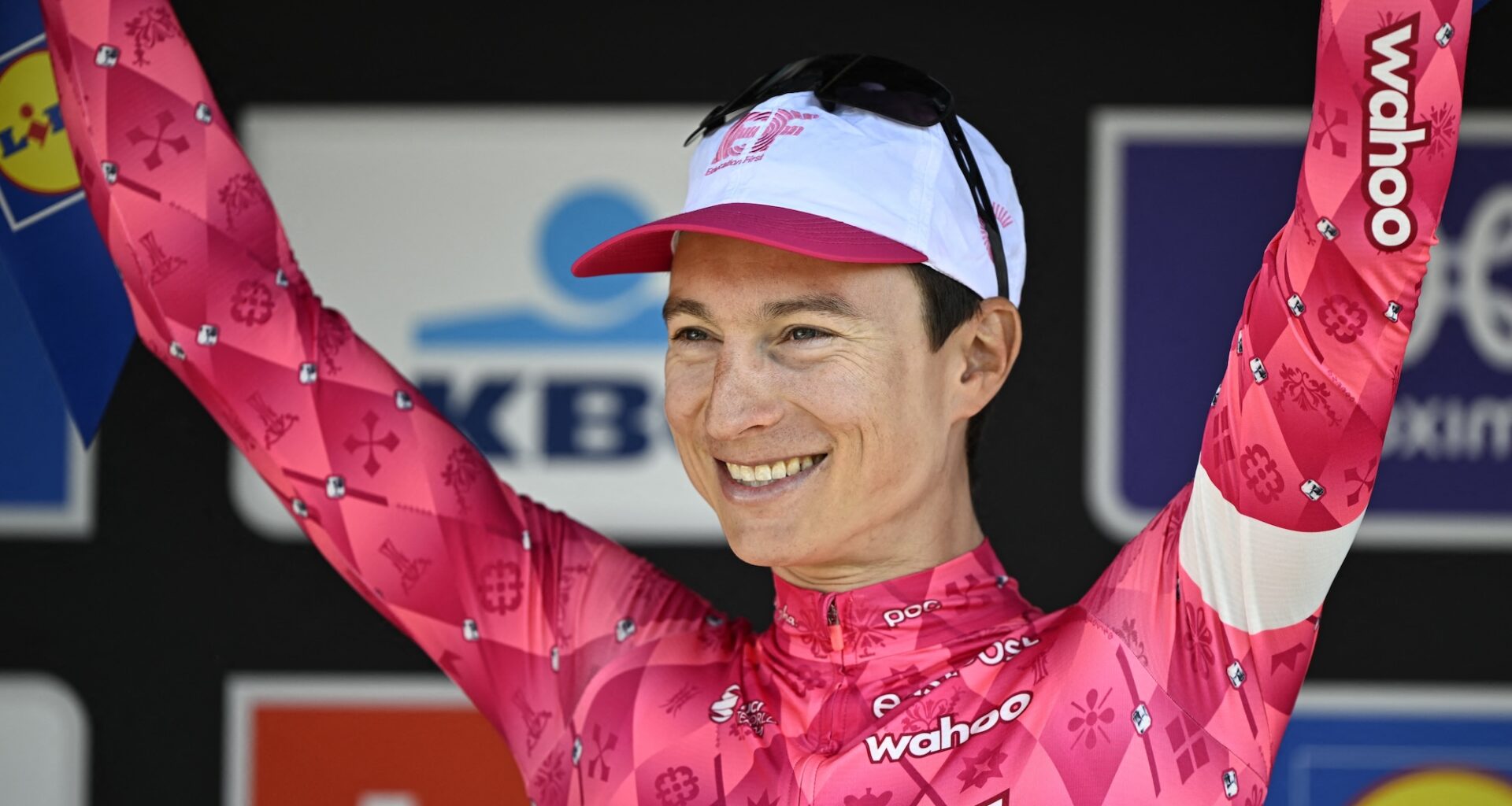 American Neilson Powless of EF Education-EasyPost celebrates on the podium after winning the men elite race of the 'Dwars Door Vlaanderen' cycling event, 184,2km from Roeselare to Waregem, Wednesday 02 April 2025. BELGA PHOTO JASPER JACOBS (Photo by JASPER JACOBS / BELGA MAG / Belga via AFP) (Photo by JASPER JACOBS/BELGA MAG/AFP via Getty Images)