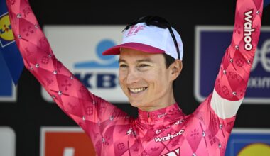 American Neilson Powless of EF Education-EasyPost celebrates on the podium after winning the men elite race of the 'Dwars Door Vlaanderen' cycling event, 184,2km from Roeselare to Waregem, Wednesday 02 April 2025. BELGA PHOTO JASPER JACOBS (Photo by JASPER JACOBS / BELGA MAG / Belga via AFP) (Photo by JASPER JACOBS/BELGA MAG/AFP via Getty Images)