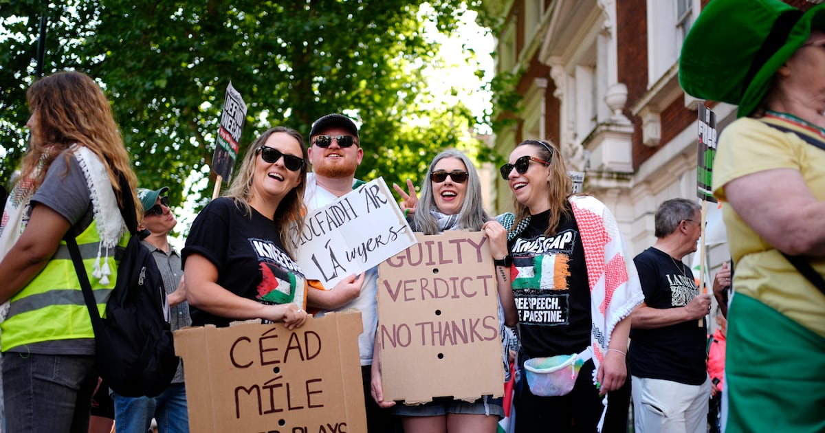 Kneecap ‘plasters’ London with message of support ahead of court appearance of group member Mo Chara – The Irish Times