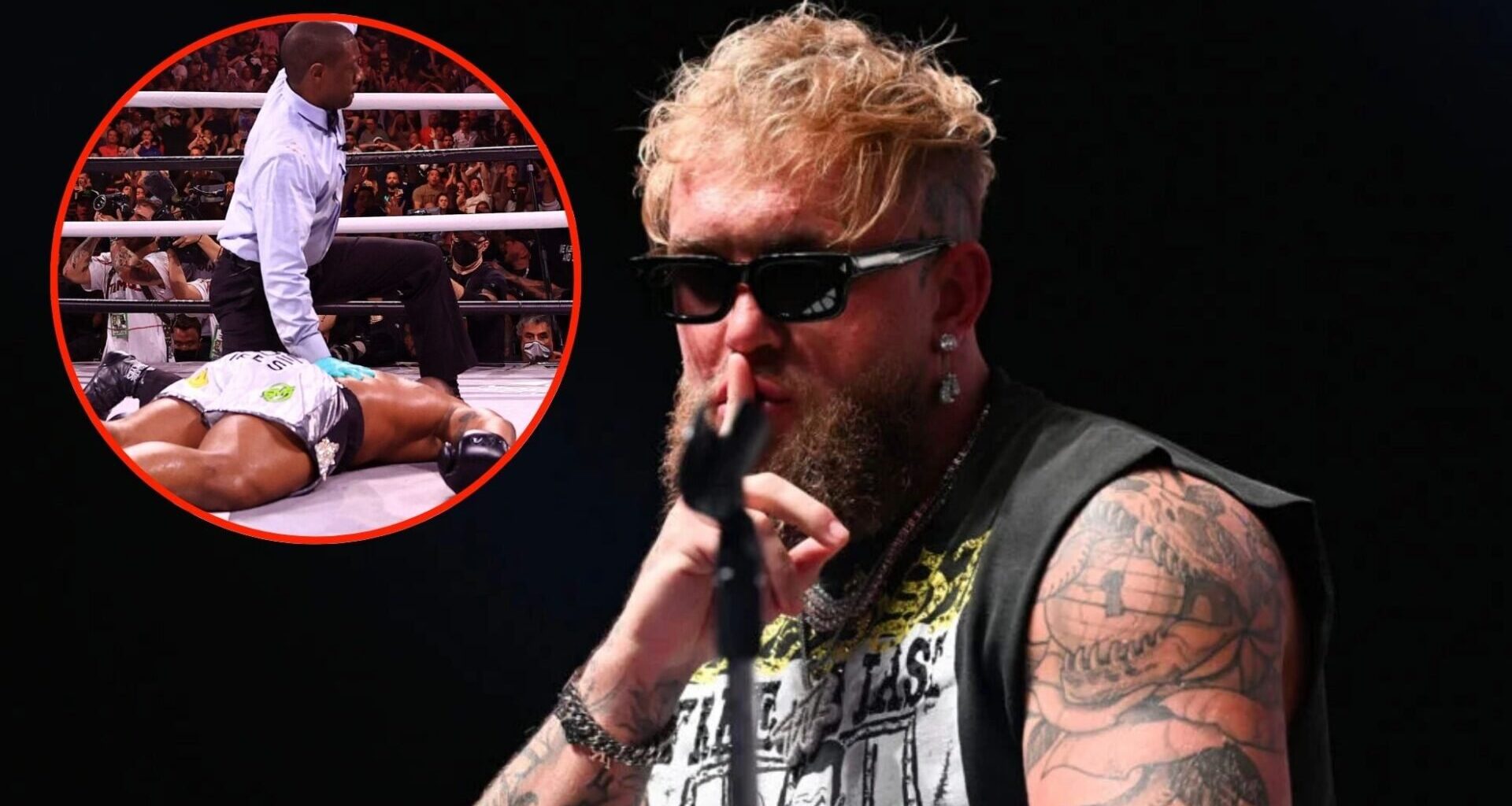 Jake Paul shushes the Mike Tyson press conferrence crowd, inset Tyron Woodley unconcious after their rematch.