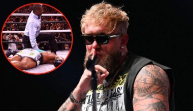 Jake Paul shushes the Mike Tyson press conferrence crowd, inset Tyron Woodley unconcious after their rematch.