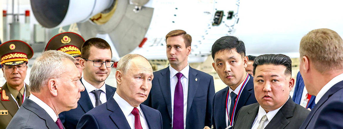 North Korean Leader Kim Jong-un and Russian President Vladimir Putin examine a rocket assembly hangar during their meeting on September 13, 2023 at the Vostochny Cosmodrome in Amur region, Russia..
