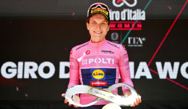 Elisa Longo Borghini of Italy and Team Lidl - Trek - Pink Leader Jersey celebrates at podium as overall final race winner during the 35th Giro d'Italia Women 2024, Stage 8 a 117km stage from Pescara to L'Aquila / #UCIWWT / on July 14, 2024 in L'Aquila, Italy. (Photo by Luc Claessen/Getty Images)