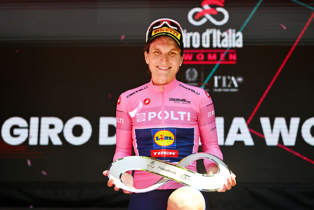 Elisa Longo Borghini of Italy and Team Lidl - Trek - Pink Leader Jersey celebrates at podium as overall final race winner during the 35th Giro d'Italia Women 2024, Stage 8 a 117km stage from Pescara to L'Aquila / #UCIWWT / on July 14, 2024 in L'Aquila, Italy. (Photo by Luc Claessen/Getty Images)