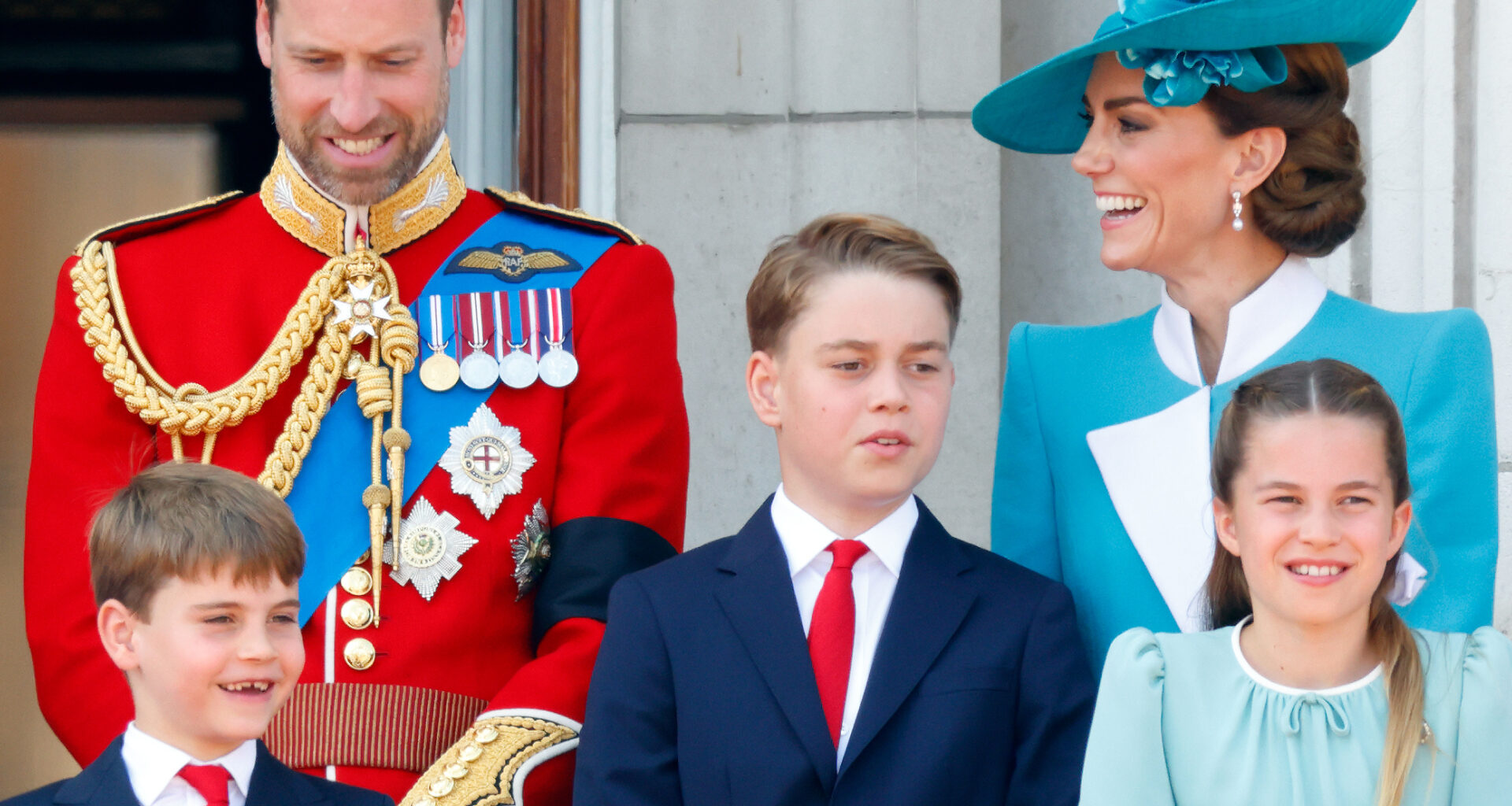 Prince William and Kate Middleton laugh at Trooping the Colour on June 14, 2025, as their children, Prince Louis, Prince George, and Princess Charlotte appear on the Buckingham Palace balcony