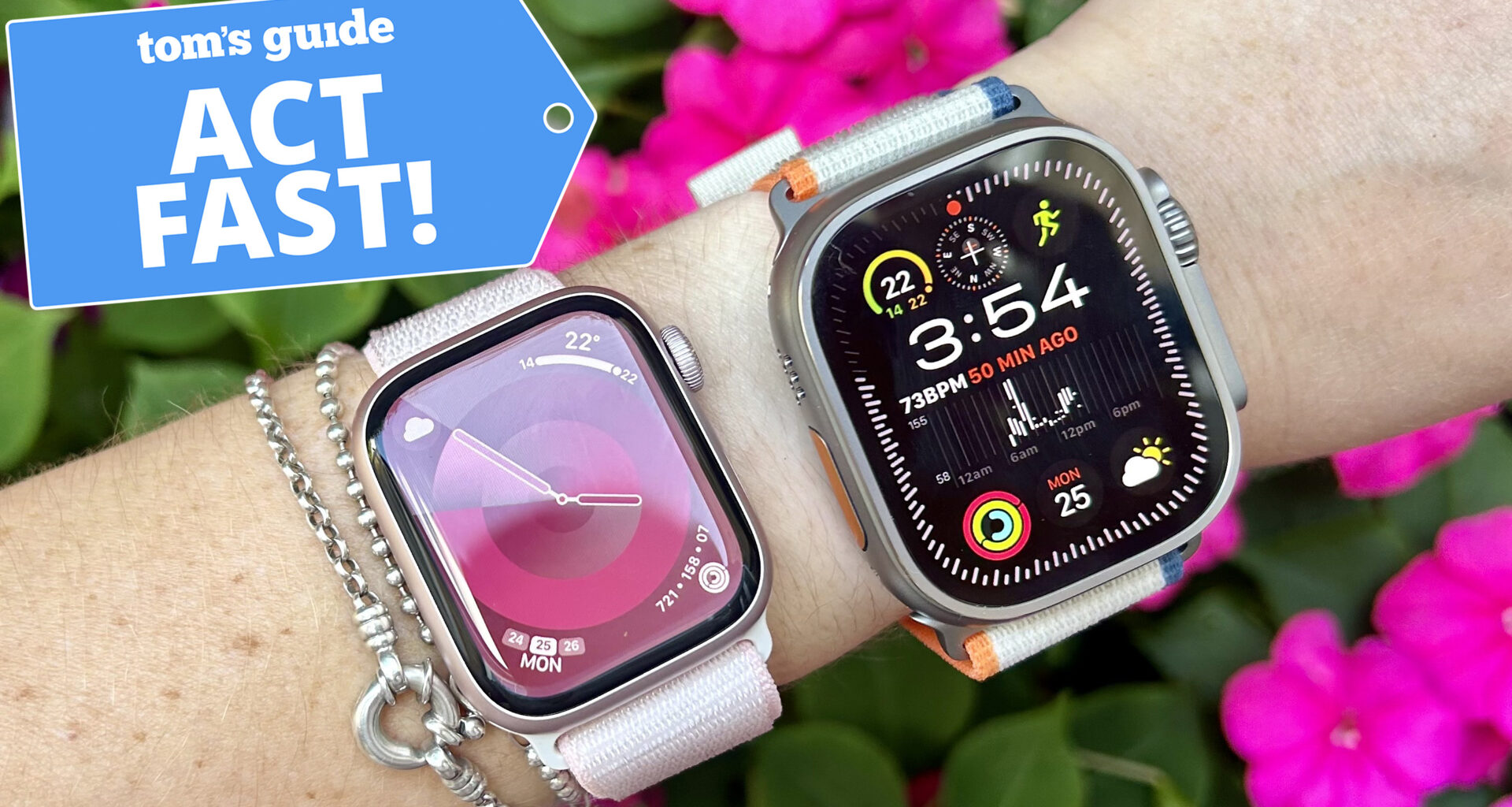 Apple Watch Series 10 on the same wrist next to an Apple Watch Ultra 2 with purple flowers in the backgrround
