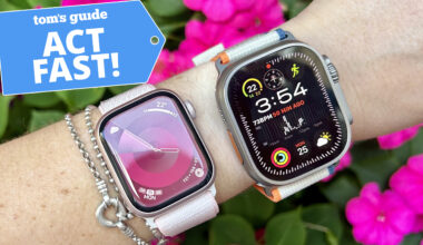 Apple Watch Series 10 on the same wrist next to an Apple Watch Ultra 2 with purple flowers in the backgrround