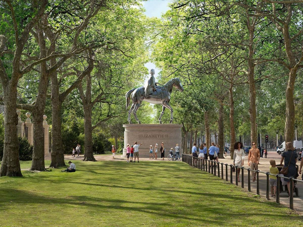 A mock up of the statue that will be part of the Queen Elizabeth II memorial - with the late queen riding a horse
