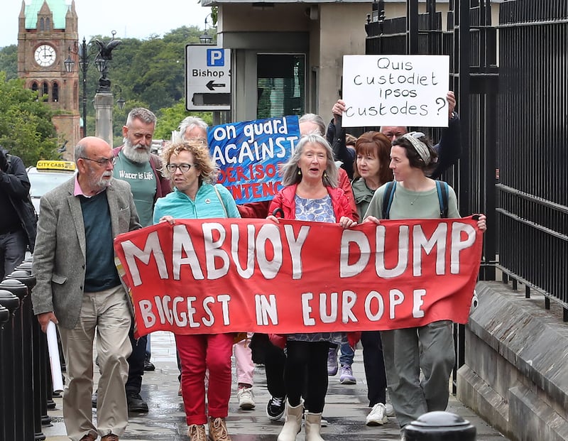 Enviromental campaigners outside Derry Court on Friday after Paul Doherty and Gerry Farmer were sentenced in connection to the illegal dumping at Mobuoy on the outskirts of Derry. Picture Margaret McLaughlin 6-6-2025