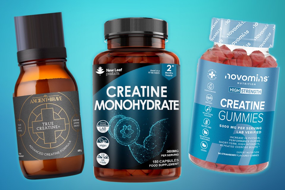 Three different creatine supplements: powder, capsules, and gummies.