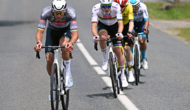 MONTLUCON, FRANCE - JUNE 08: (L-R) Mathieu van der Poel of Netherlands and Team Alpecin - Deceuninck, Tadej Pogacar of Slovenia and UAE Team Emirates - XRG, Jonas Vingegaard of Denmark and Team Visma