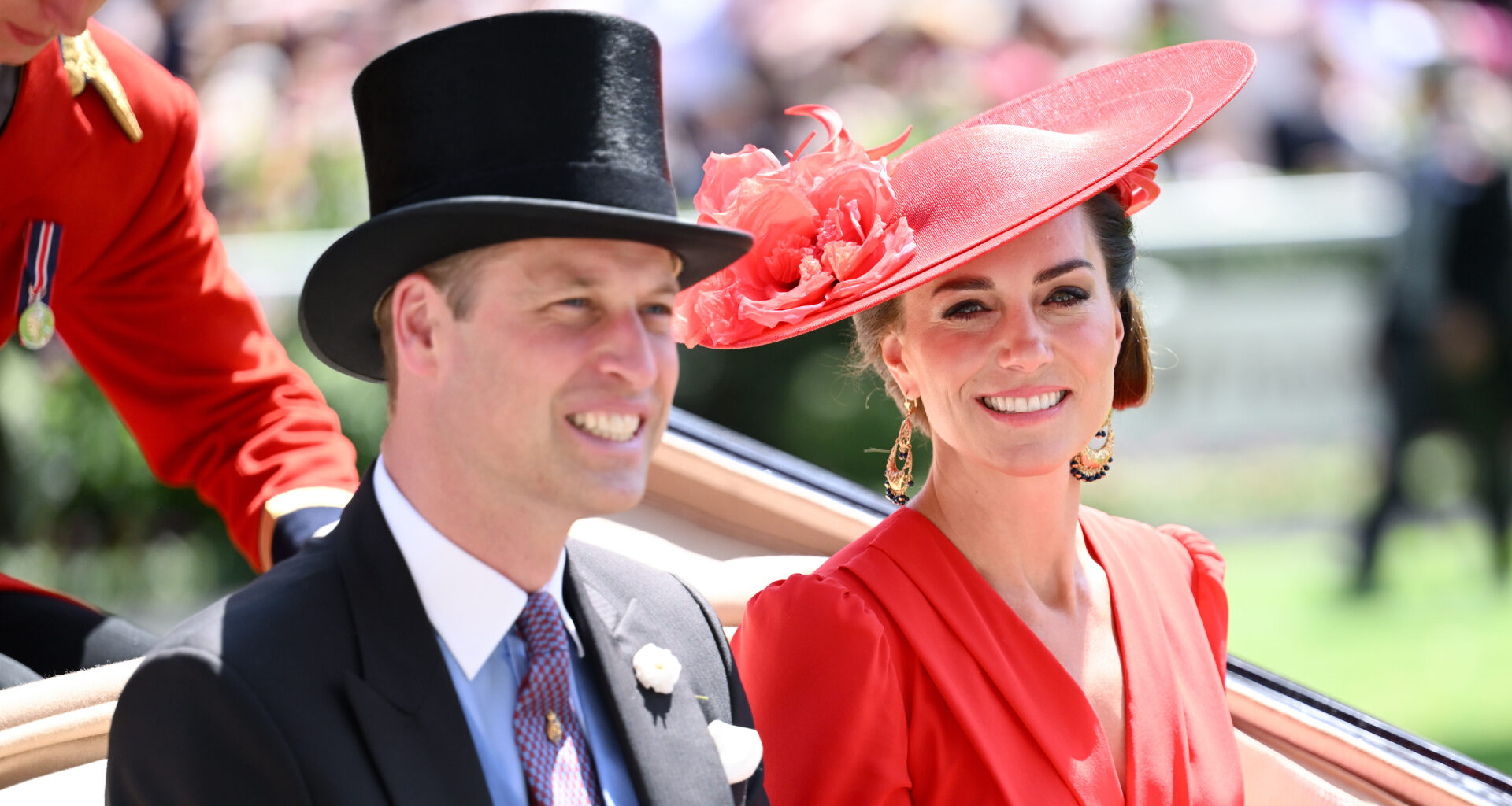 Prince William wears a top hat and tails and Kate Middleton wears a bright red dress and matching hat as they arrive at Royal Ascot 2023