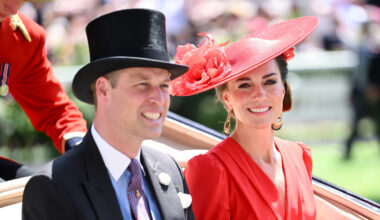 Prince William wears a top hat and tails and Kate Middleton wears a bright red dress and matching hat as they arrive at Royal Ascot 2023