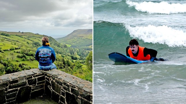 A composite image showing Josh Milton sitting on a wall with back to camera in looking out over a green field, and Josh Milton lying on a surfboard preparing to catch a wave in Northern Ireland