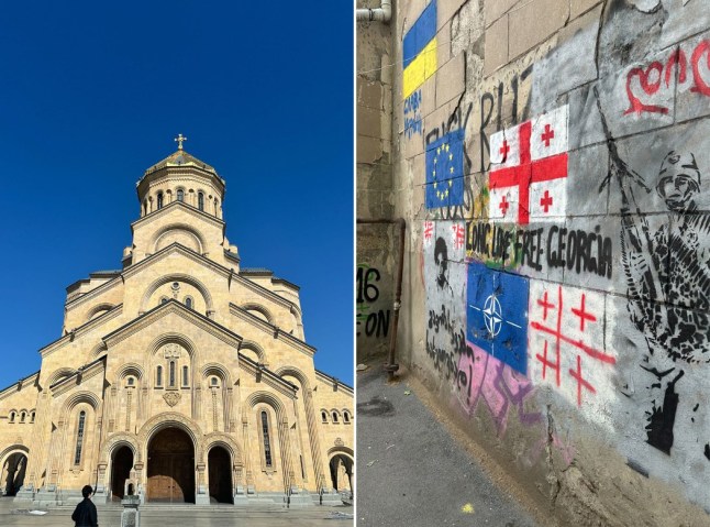 A composite image showing the golden tiered Holy Trinity Cathedral in Tbilisi, and a graffiti covered wall with Ukraine slogans, and Georgian and EU flags