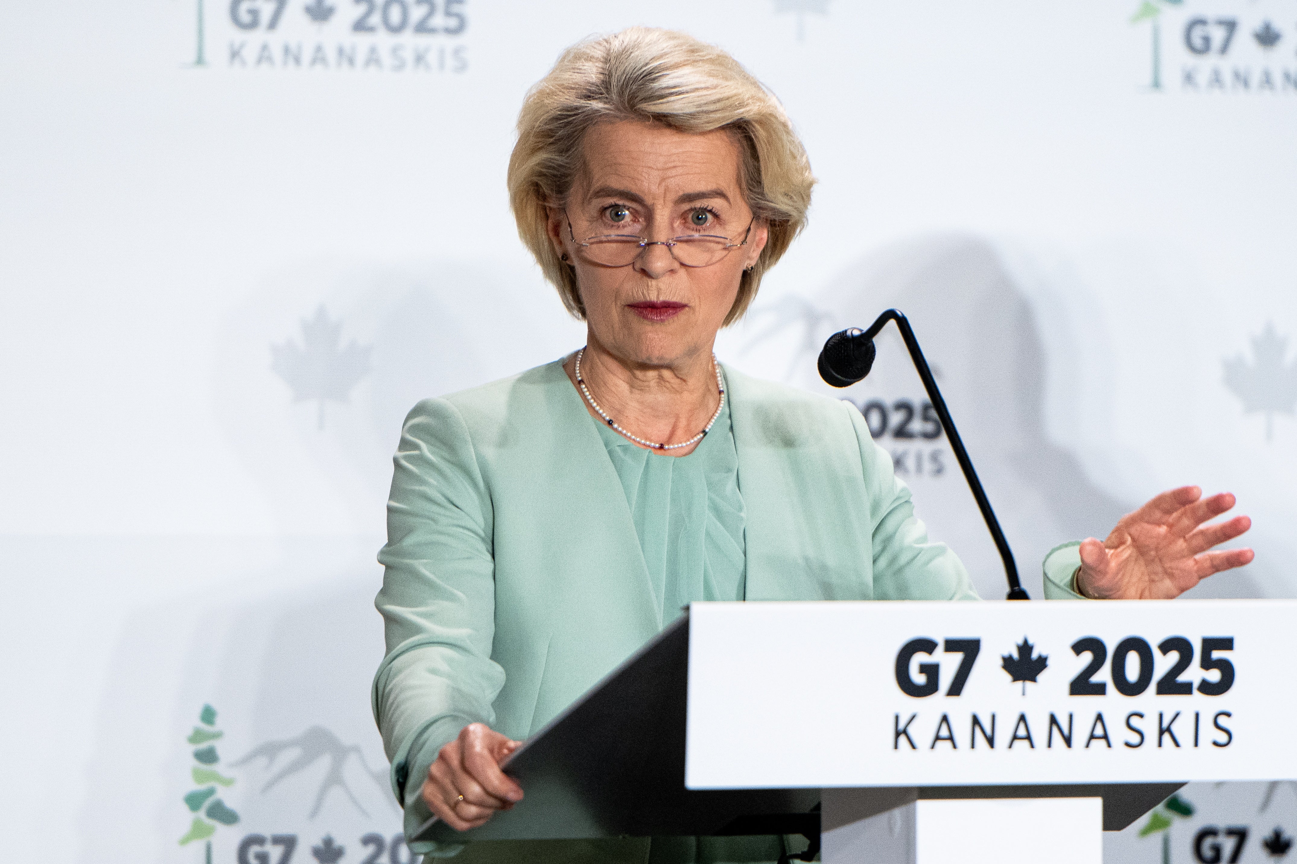 President of the European Commission Ursula von der Leyen speaks during a press conference during the G7 Leaders' Summit in Kananaskis, Alberta, Canada