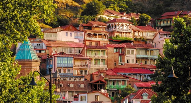 A close up view of colourful houses in Tbilisi, Georgia