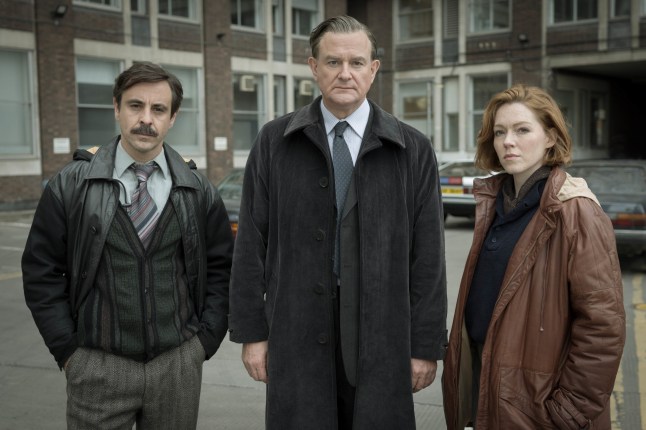 A photo of Emun Elliott, Hugh Bonneville and Charlotte Spencer dressed as their characters in The Gold.