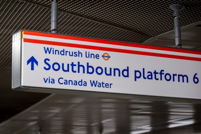 London Overground Windrush Line sign on4th December 2024 in London, United Kingdom. The London Underground is a public rapid transit system serving Greater London. The Underground has its origins in the Metropolitan Railway, the worlds first underground passenger railway. (photo by Mike Kemp/In Pictures via Getty Images)