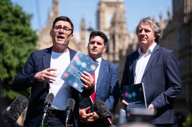 Andy Burnham, Mayor of Greater Manchester, Huw Merriman, Chair of the Liverpool-Manchester Railway Partnership Board and Steve Rotheram, Mayor of the Liverpool City Region
