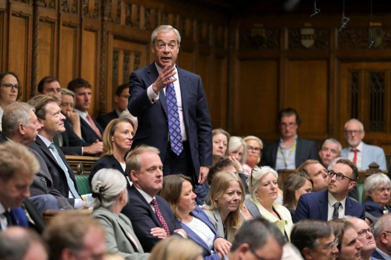 A handout photograph released by the UK Parliament shows President and MP for Reform UK party Nigel Farage speaking during Prime Minister's Questions (PMQ) session in the House of Commons, in central London, on May 14, 2025. (Photo by House of Commons / AFP) / RESTRICTED TO EDITORIAL USE - NO USE FOR ENTERTAINMENT, SATIRICAL, ADVERTISING PURPOSES - MANDATORY CREDIT " AFP PHOTO / HO / House of Commons" (Photo by -/House of Commons/AFP via Getty Images)