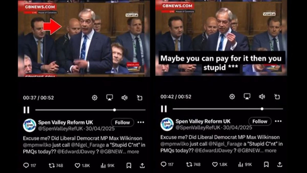 MP falsely accused of calling Farage a 'c**t' in AI-edited video shared by Reform