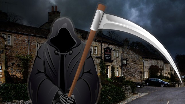 A grim reaper in front of the Emmerdale village