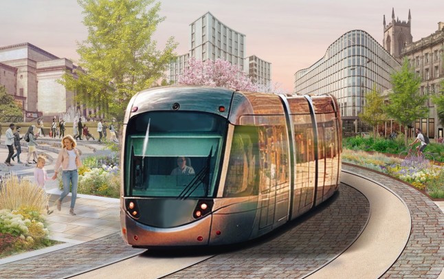 A CGI visual of the West Yorkshire Mass Transit system light rail tram carriage.