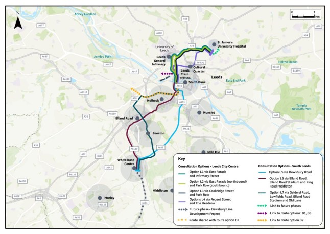 A map showing the proposed West Yorkshire Mass Transit system