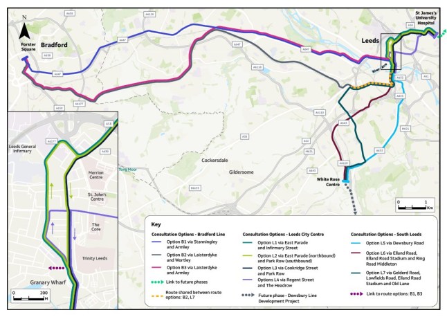 A map showing the proposed West Yorkshire Mass Transit system