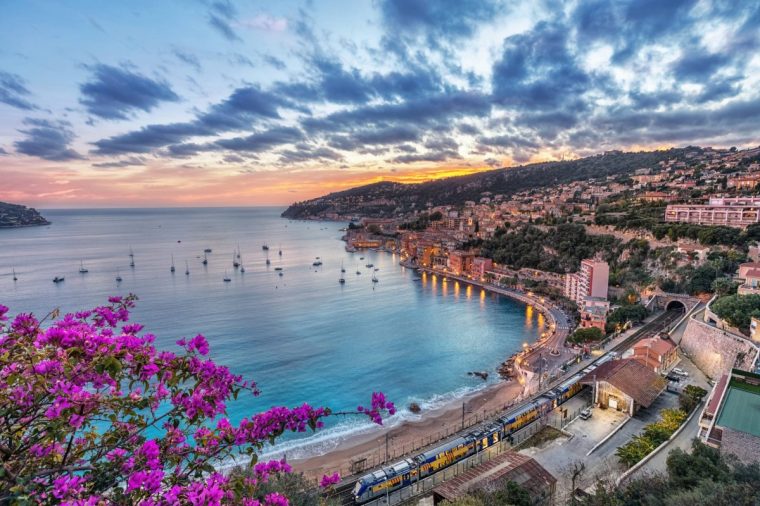 Aerial view of Villefranche-sur-Mer and the bay of Villefranche on sunset, Alpes-Maritimes, France