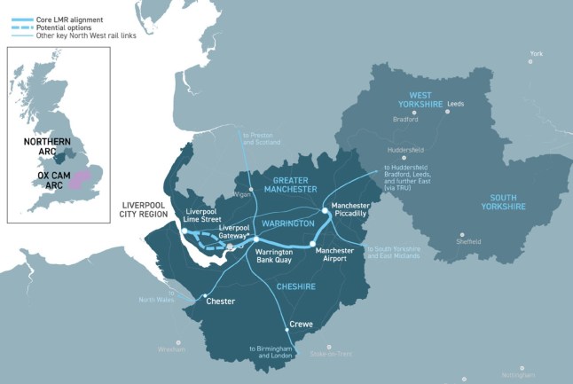 A map showing the proposed Liverpool-Manchester Railway Link.
