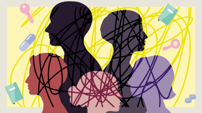 Cartoon heads surrounded by scribbles, ADHD meds, notebooks and keys.