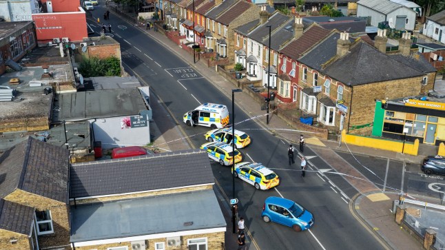 Police cars outside a Muslim prayer centre in Hounslow.