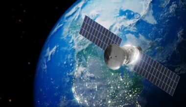 An illustration of a satellite in orbit.