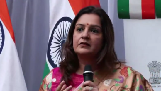 Shiv Sena (UBT) Rajya Sabha MP Priyanka Chaturvedi speaking in London on Pakistan’s role in terrorism.(Video grab )