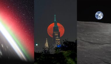 A collage with three images: colorful aurora over Earth's curve, a large orange moon behind a city skyscraper at night, and Earth rising above the gray, rocky lunar surface.