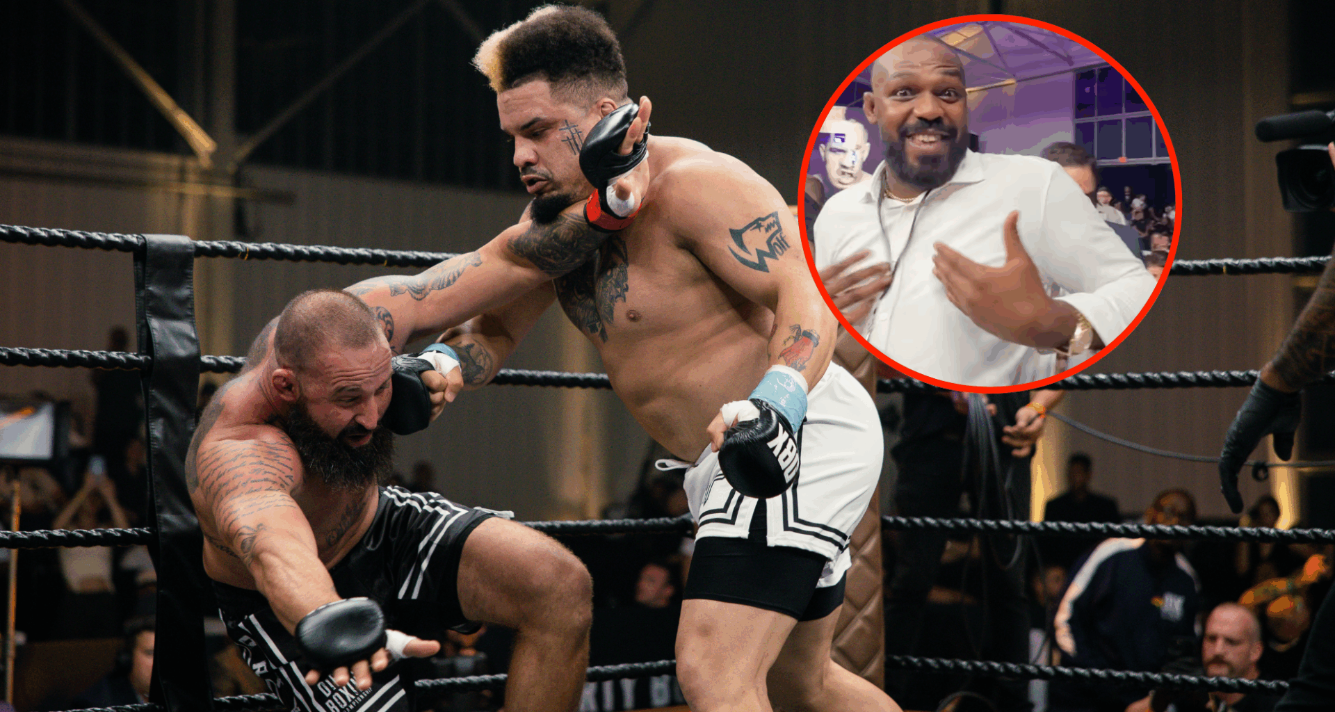 Robinson Perez drops his opponent (main photo), Jon Jones reacts in shock to being called out (bubble photo)