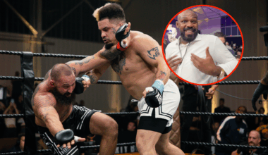 Robinson Perez drops his opponent (main photo), Jon Jones reacts in shock to being called out (bubble photo)